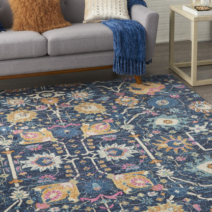 7' X 10' Navy Blue Floral Power Loom Area Rug