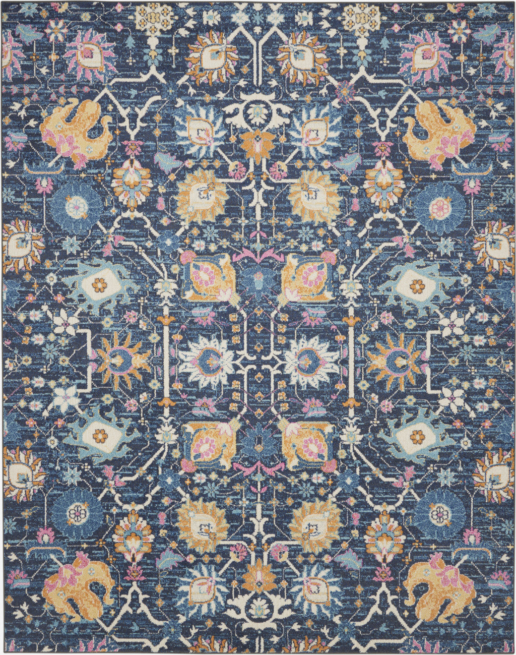 7' X 10' Navy Blue Floral Power Loom Area Rug