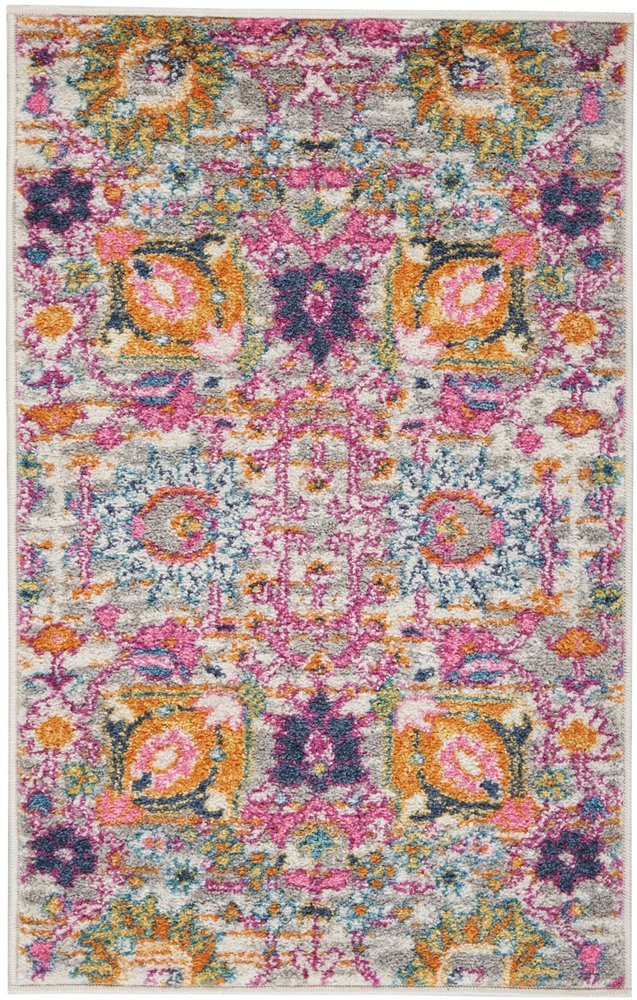 8' X 10' Silver Gray And Pink Floral Distressed Area Rug