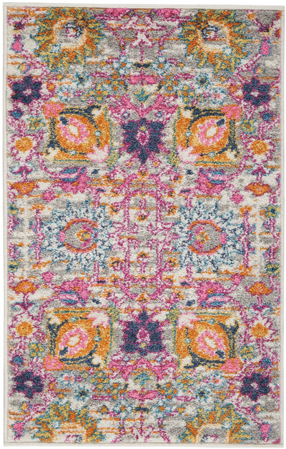 4' X 6' Silver Gray And Pink Floral Distressed Area Rug