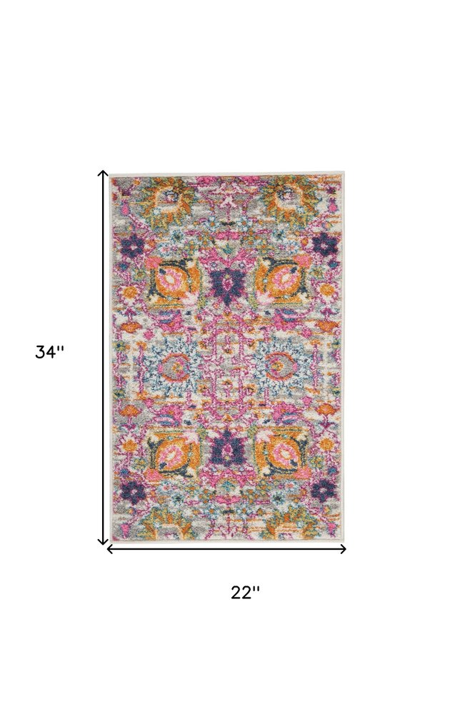 2' X 3' Silver Gray And Pink Floral Distressed Area Rug
