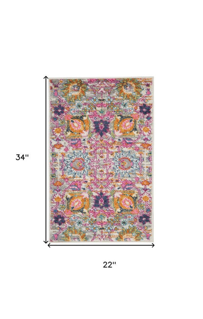 2' X 3' Silver Gray And Pink Floral Distressed Area Rug