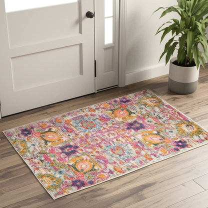 2' X 3' Silver Gray And Pink Floral Distressed Area Rug