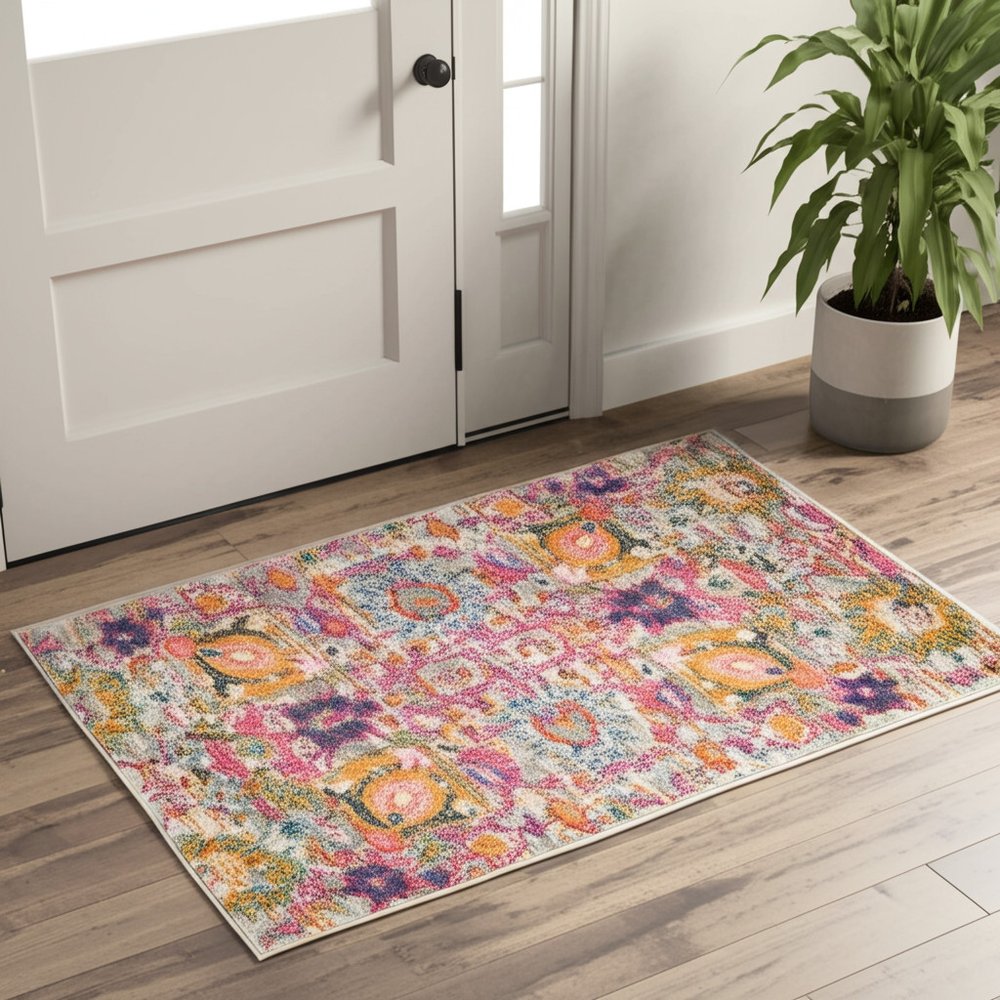 7' X 10' Silver Gray And Pink Floral Distressed Area Rug