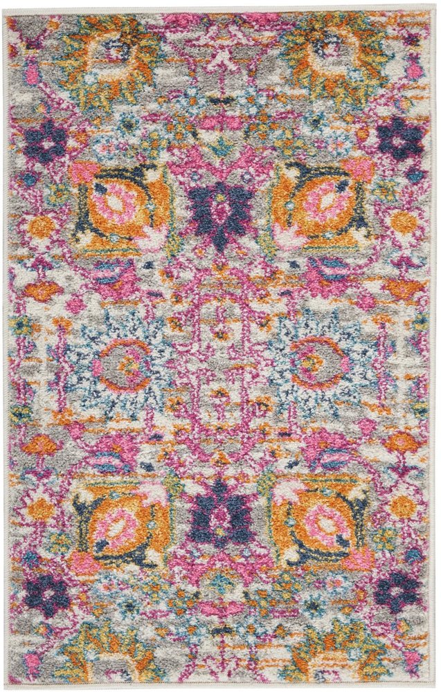 8' X 10' Silver Gray And Pink Floral Distressed Area Rug