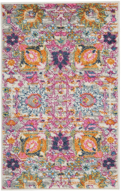 5' X 7' Gray And Pink Floral Distressed Area Rug