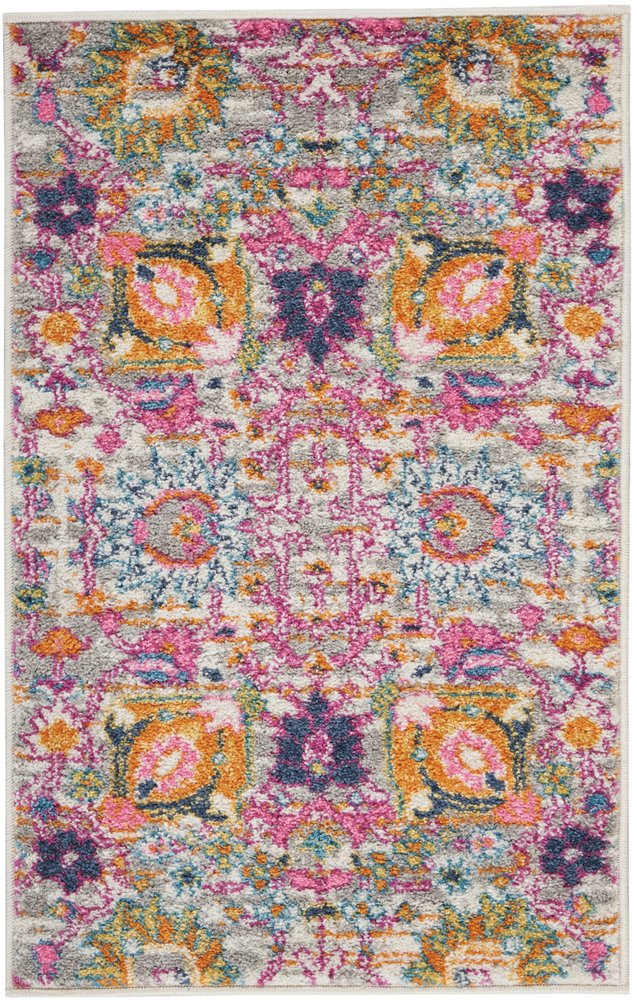 2' X 3' Silver Gray And Pink Floral Distressed Area Rug
