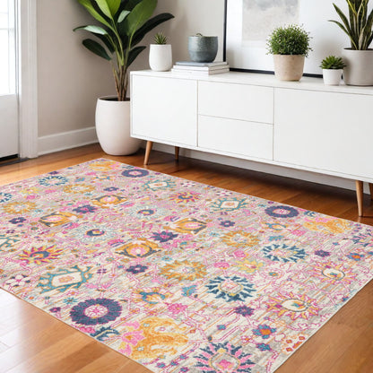 4' X 6' Silver Gray And Pink Floral Distressed Area Rug