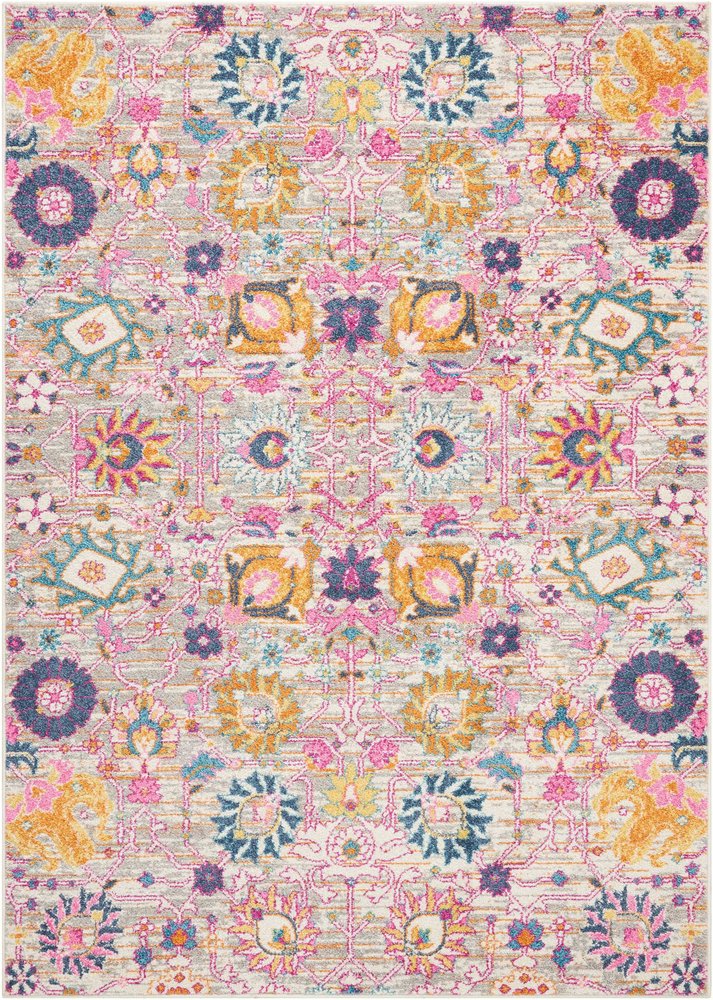 5' X 7' Gray And Pink Floral Distressed Area Rug
