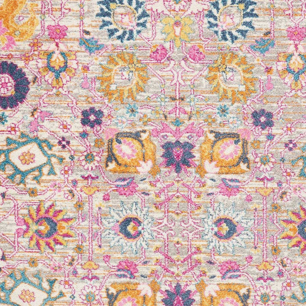 7' X 10' Silver Gray And Pink Floral Distressed Area Rug