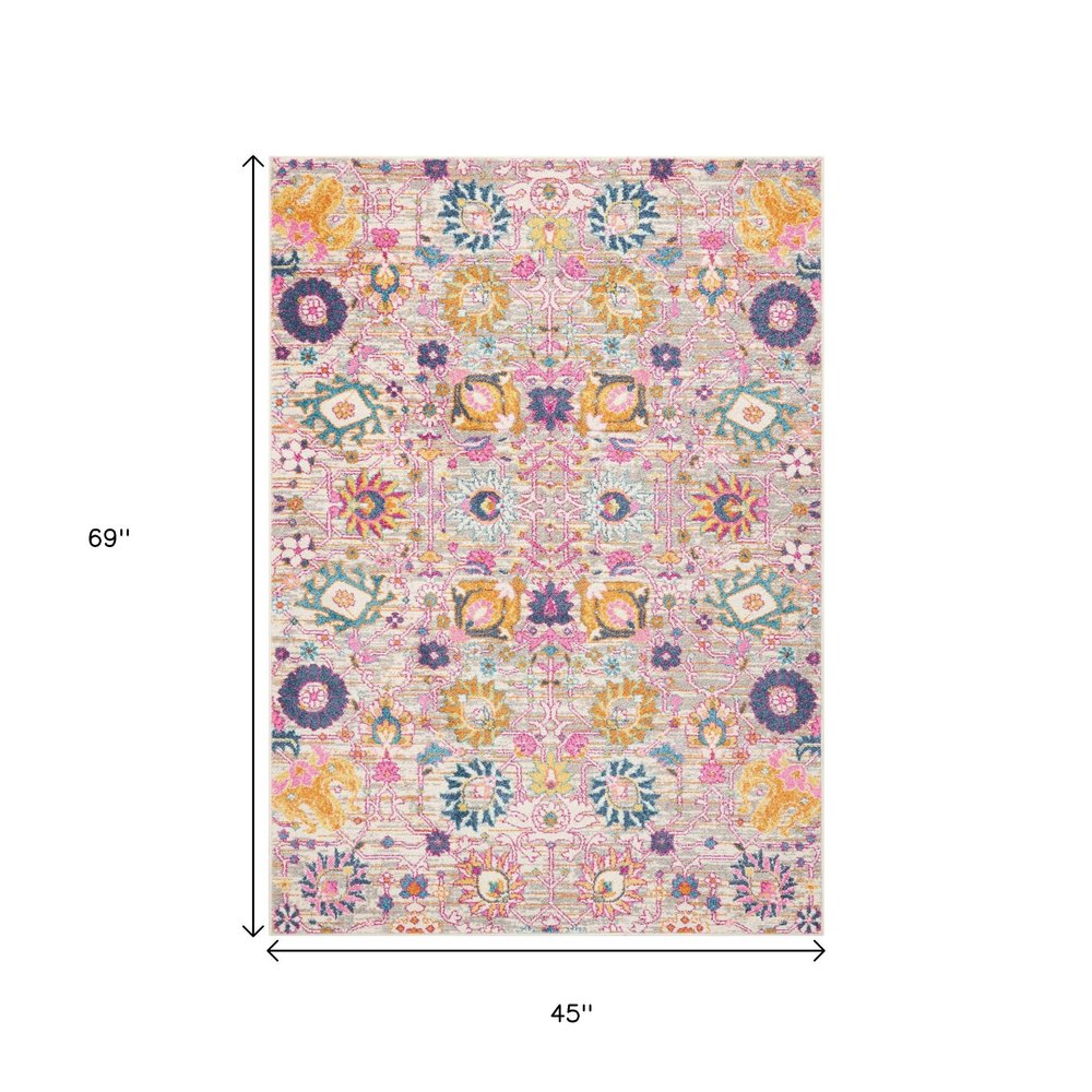 8' X 10' Silver Gray And Pink Floral Distressed Area Rug