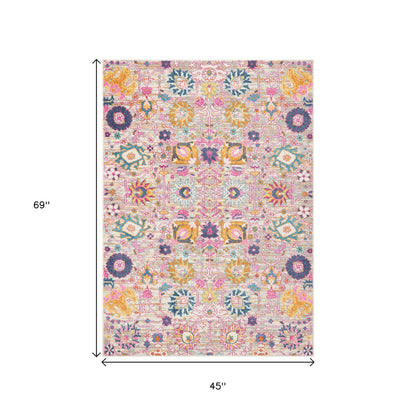 4' X 6' Silver Gray And Pink Floral Distressed Area Rug