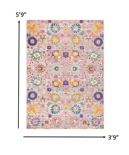 4' X 6' Silver Gray And Pink Floral Distressed Area Rug