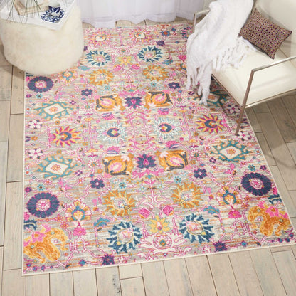 5' X 7' Gray And Pink Floral Distressed Area Rug