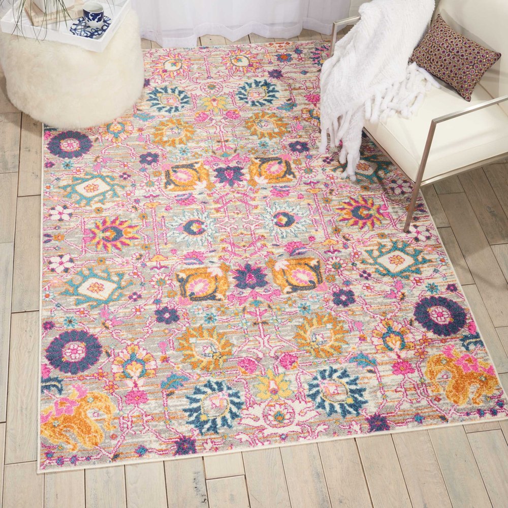 5' X 7' Gray And Pink Floral Distressed Area Rug
