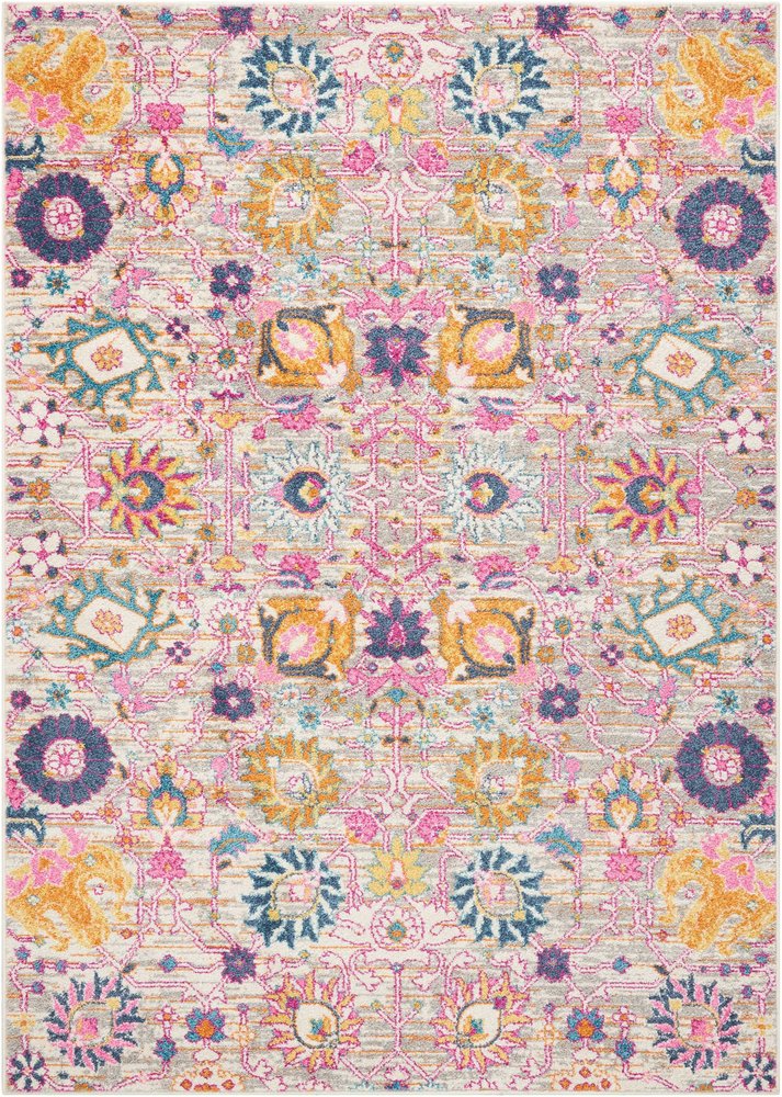 5' X 7' Gray And Pink Floral Distressed Area Rug