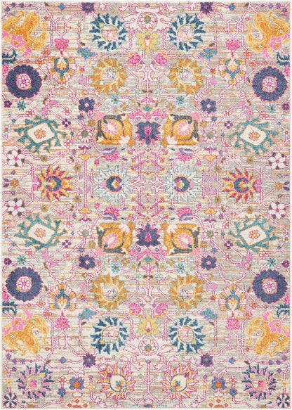 5' X 7' Gray And Pink Floral Distressed Area Rug