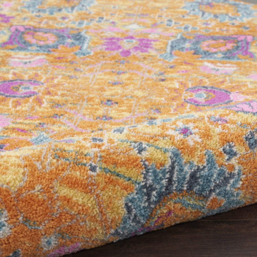 8' Blue And Orange Floral Distressed Runner Rug