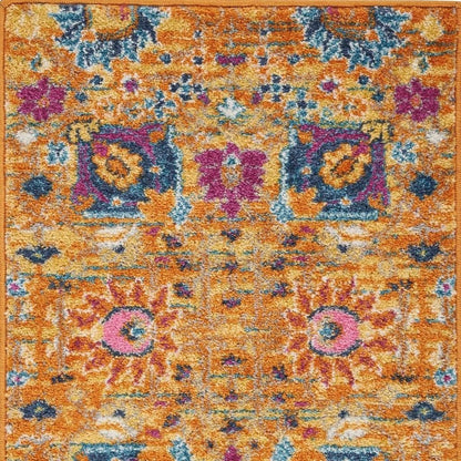 8' Blue And Orange Floral Distressed Runner Rug