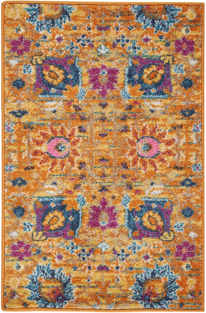 8' Blue And Orange Floral Distressed Runner Rug