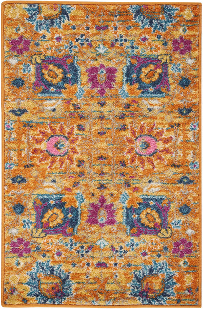 2' X 3' Blue And Orange Floral Distressed Area Rug