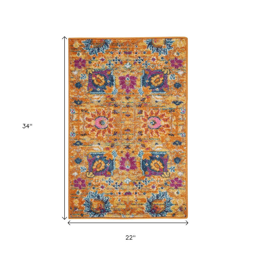 8' Blue And Orange Floral Distressed Runner Rug
