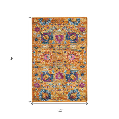 7' X 10' Blue And Orange Floral Distressed Area Rug