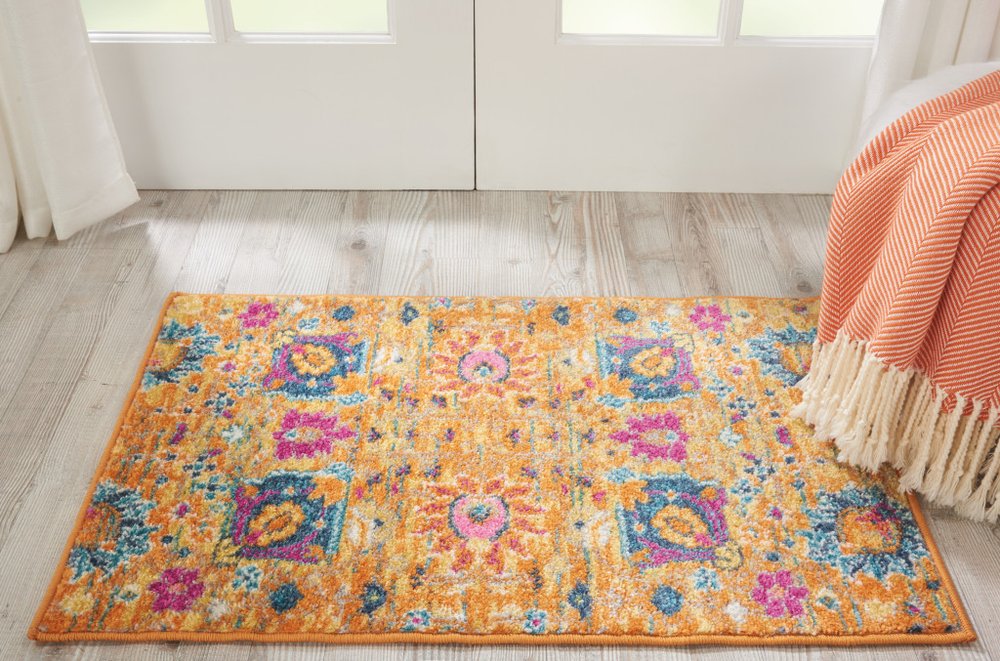 8' Blue And Orange Floral Distressed Runner Rug