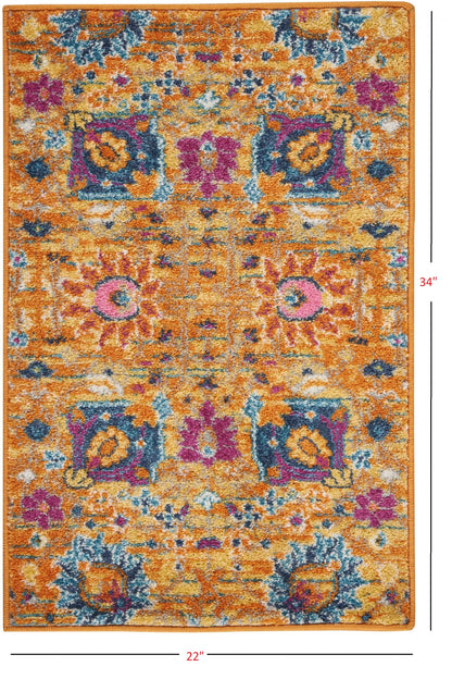 2' X 3' Blue And Orange Floral Distressed Area Rug