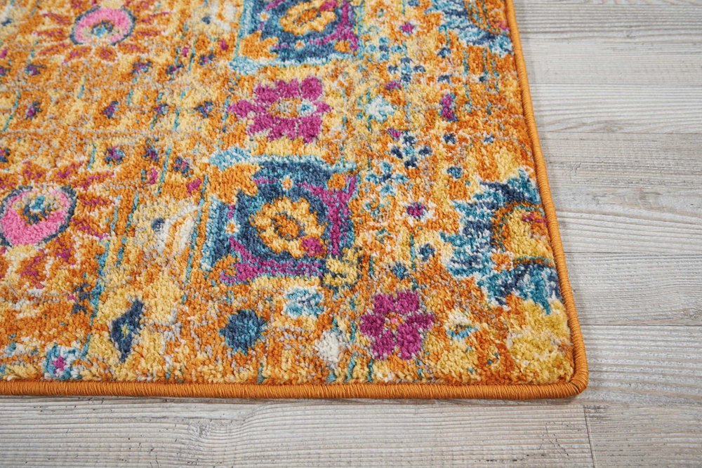 8' Blue And Orange Floral Distressed Runner Rug
