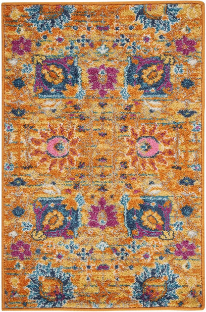 7' X 10' Blue And Orange Floral Distressed Area Rug