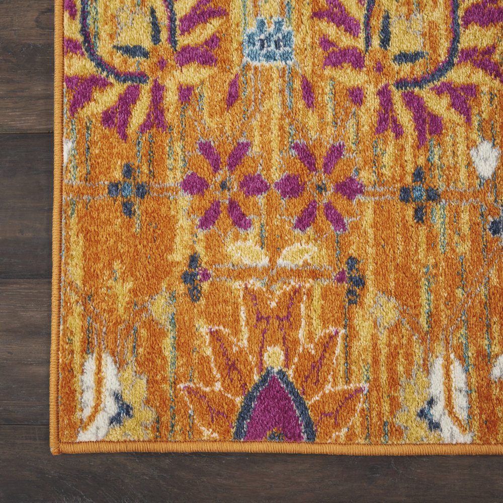 8' Blue And Orange Floral Distressed Runner Rug