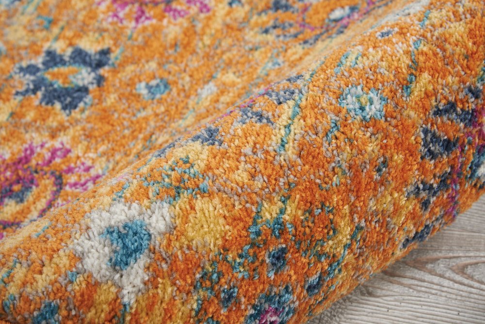 8' Blue And Orange Floral Distressed Runner Rug