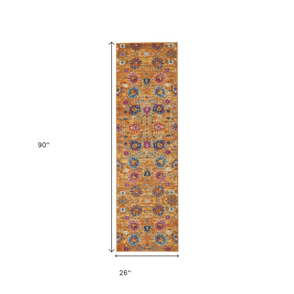 8' Blue And Orange Floral Distressed Runner Rug