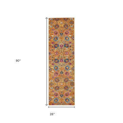 8' Blue And Orange Floral Distressed Runner Rug