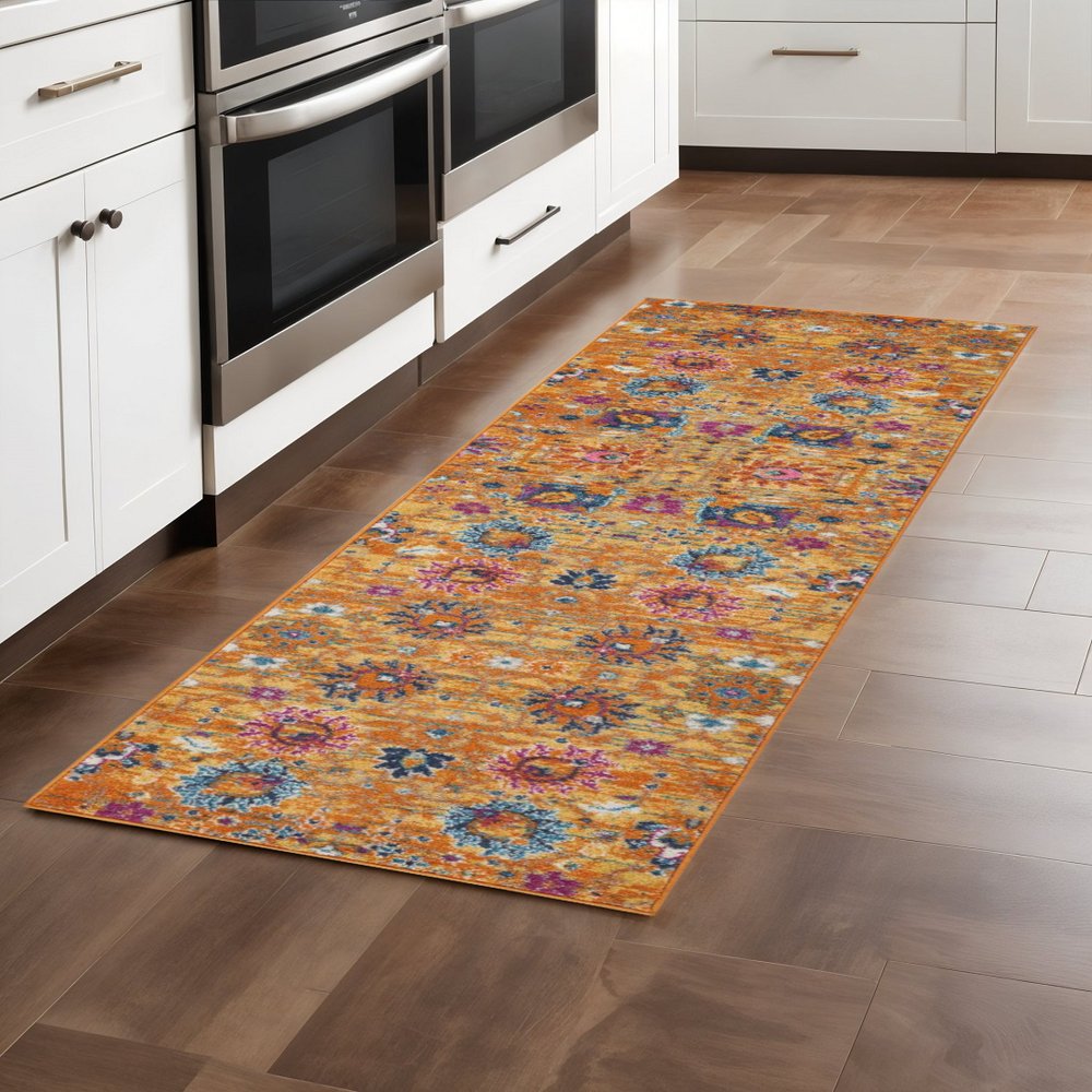 8' Blue And Orange Floral Distressed Runner Rug