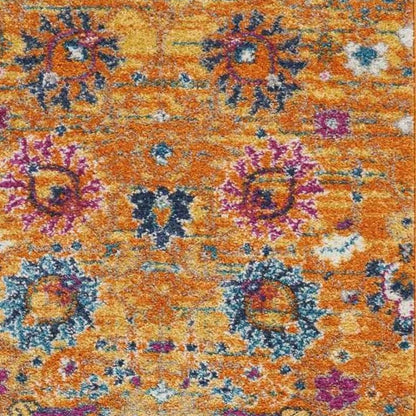 8' Blue And Orange Floral Distressed Runner Rug