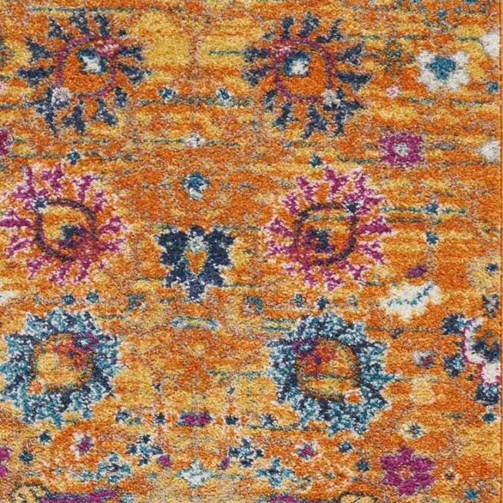 8' Blue And Orange Floral Distressed Runner Rug