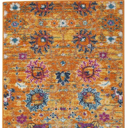 8' Blue And Orange Floral Distressed Runner Rug