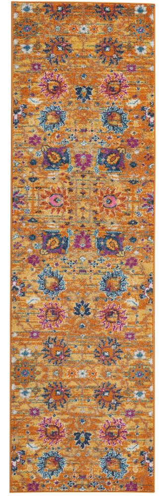 8' Blue And Orange Floral Distressed Runner Rug