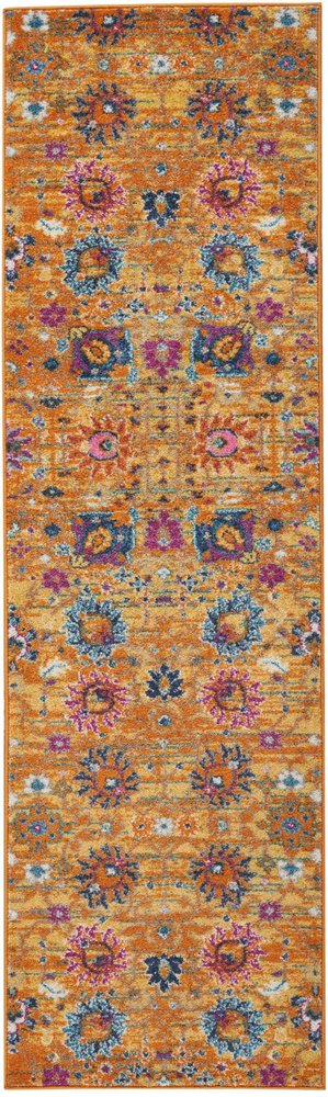 8' Blue And Orange Floral Distressed Runner Rug