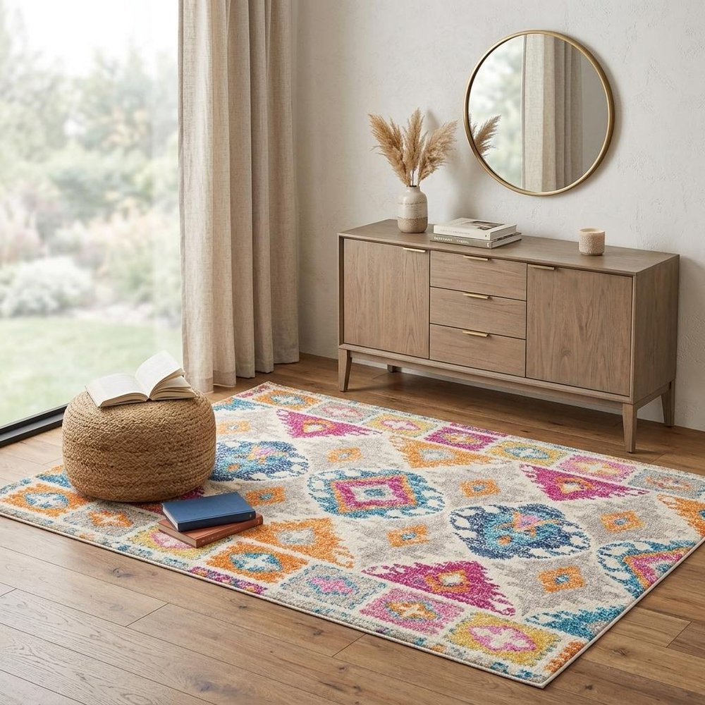 4' X 6' Gray Blue And Orange Ogee Distressed Area Rug