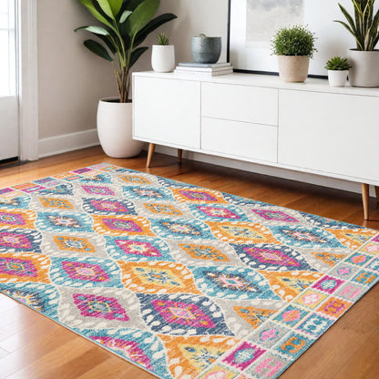 4' X 6' Blue And Pink Ogee Power Loom Area Rug