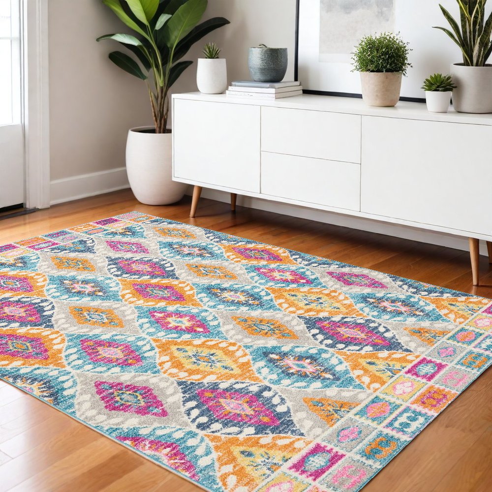 4' X 6' Gray Blue And Orange Ogee Distressed Area Rug