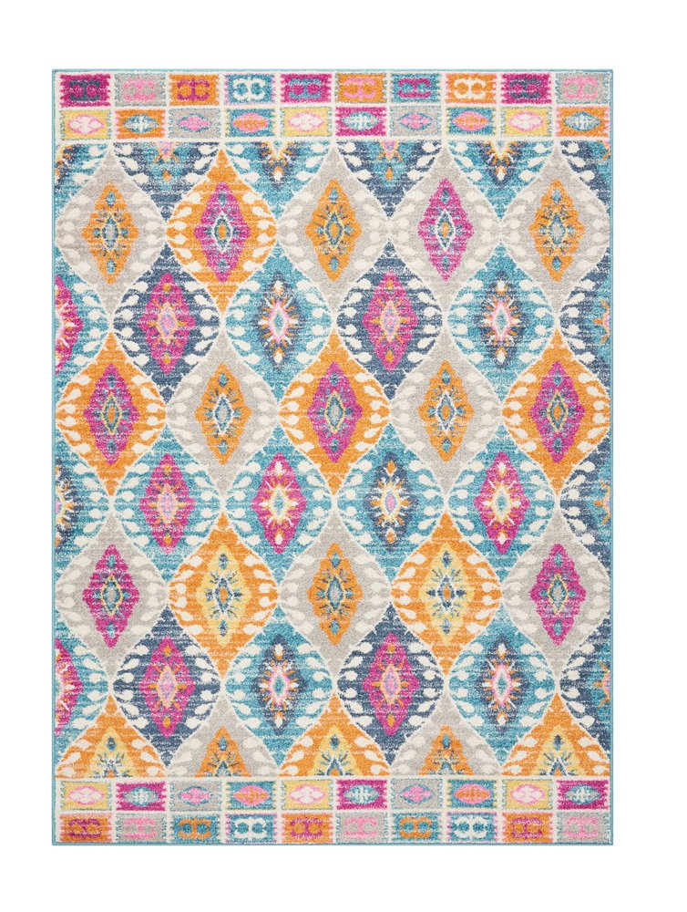 5' X 7' Gray Blue And Orange Ogee Distressed Area Rug