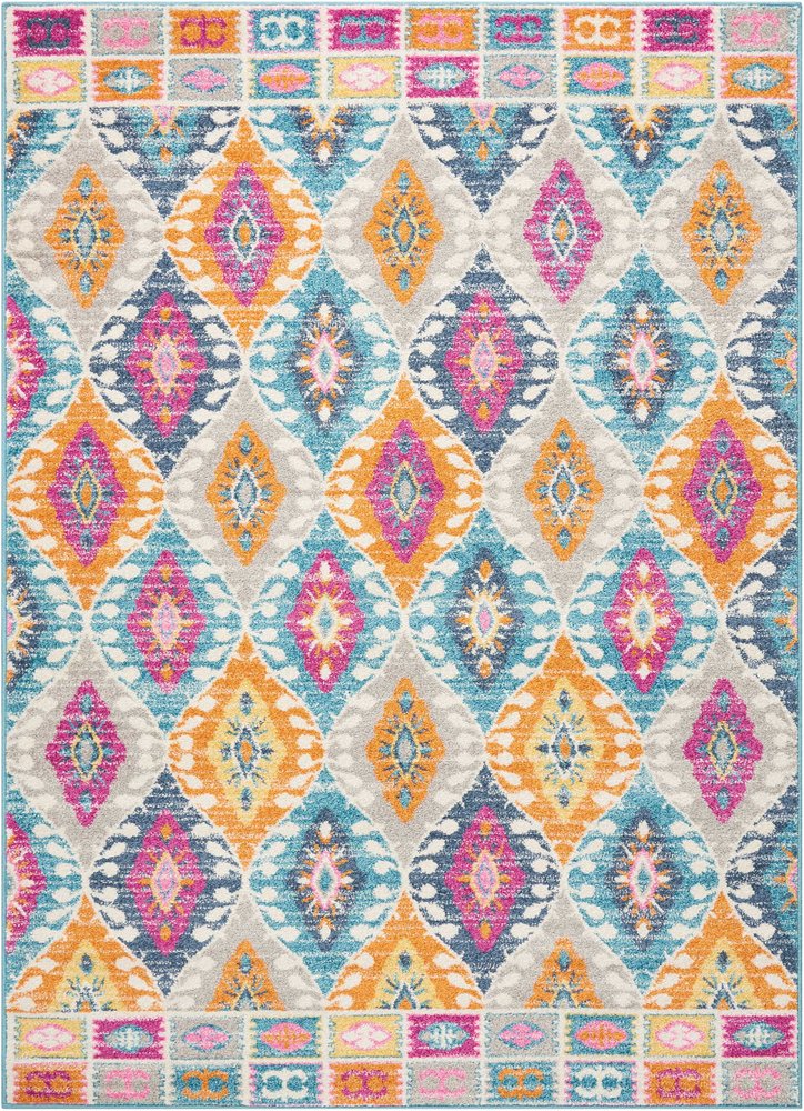 8' X 10' Gray Blue And Orange Ogee Distressed Area Rug