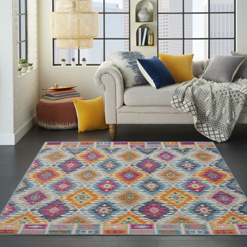 5' X 7' Gray Blue And Orange Ogee Distressed Area Rug