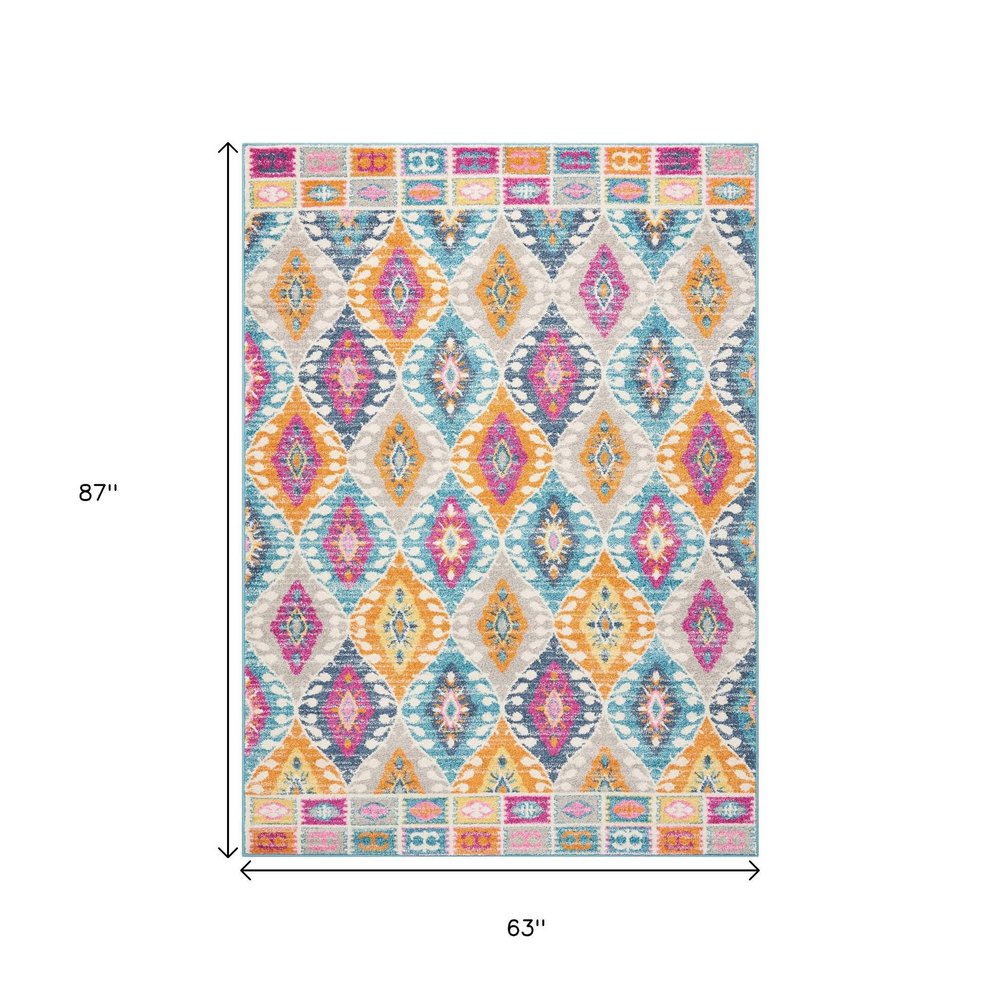 5' X 7' Gray Blue And Orange Ogee Distressed Area Rug