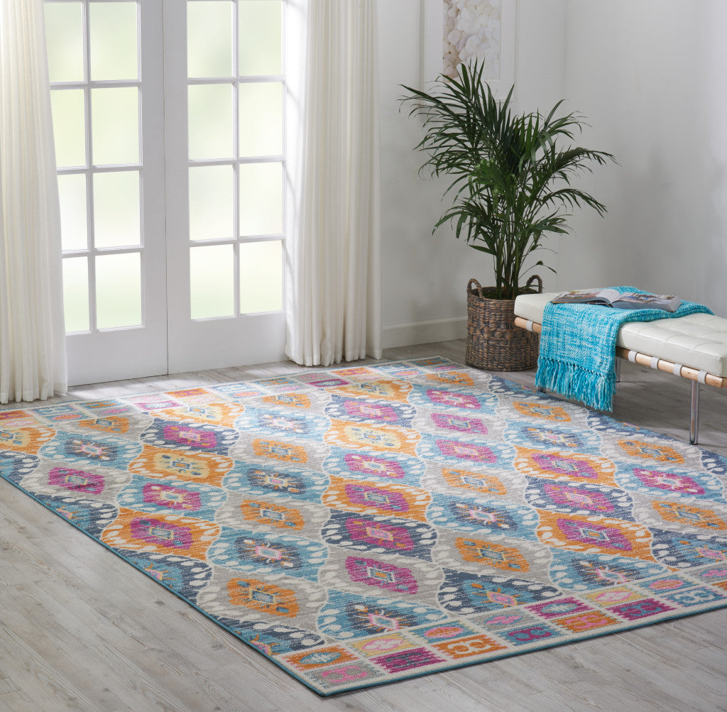 8' Blue And Pink Ogee Power Loom Runner Rug