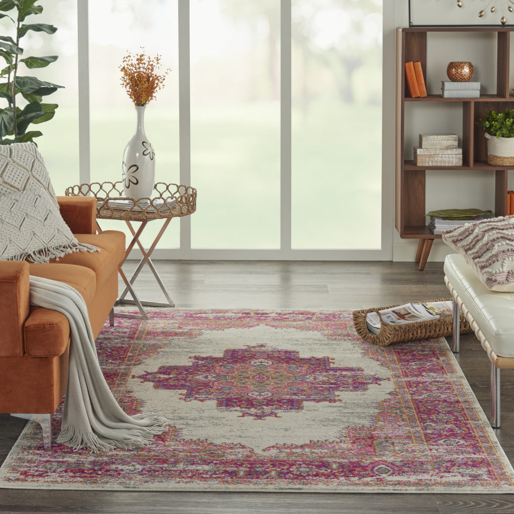5' X 7' Gray Blue And Orange Ogee Distressed Area Rug